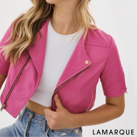 LAMARQUE **NWT** Kirsi Super Pink + Gold Cropped Short Sleeved Biker Jacket - Picture 5 of 9